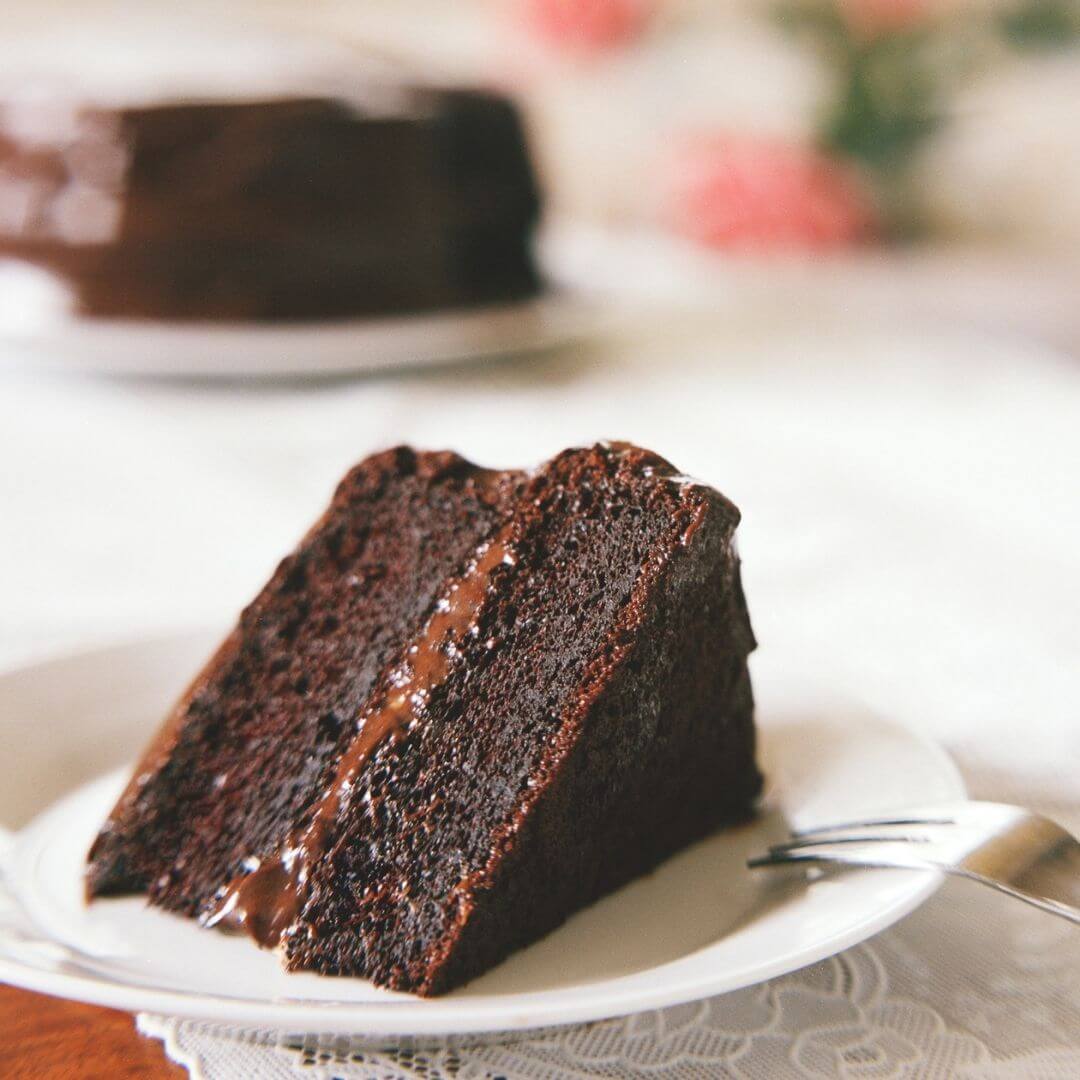 A delicious slice of a chocolate cake